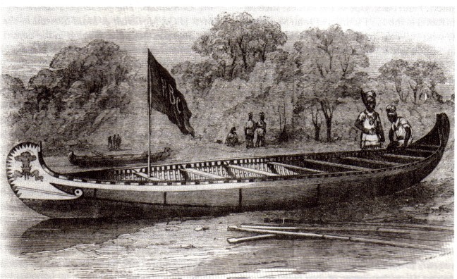 Illustration from the "Illustrated  London News ''of the birch bark canoe presented by the Hudson's Bay Company to the Prince of Wales during his visit to Canada in 1860. Measuring 40' in length , 6' in breadth, and 27''deep, it is the longest fur-trade type canoe on record, and was used in a regatta held in the Prince's honor.