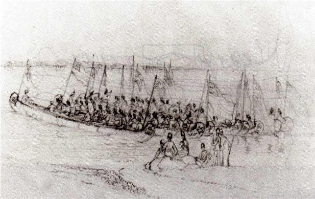 Sketch by Frances Hopkins , eyewitness to the regatta held for the Prince of Wales in 1860 ; titled ''Canoes Waiting for the Prince of Wales , 1860 ''. Frances Hopkins spent much time in the 1800's travelling with her husband Edward , an official of the Hudson's Bay Company , in the large birch bark canoes of the fur-trade; she is well known for her many paintings depicting the culture of the fur trade and the great canoes . sketch-Royal Ontario Museum