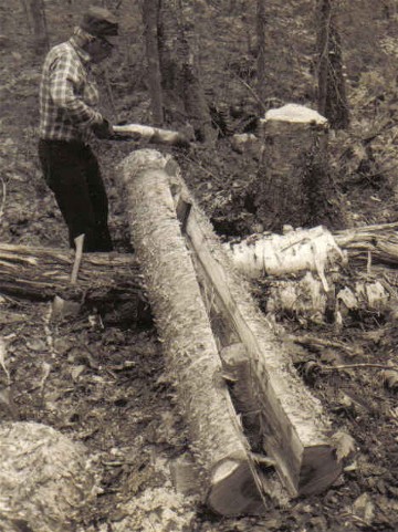 Moise Flamand splitting a yellow birch log with wooden wedges for making snowshoe frames ; white birch , maple, and black ash are also used by the Attikamek for snowshoe frames ; Manouane, Quebec 1979 ; from ''Making the Attikamek Snowshoe'', photo Henri Vaillancourt