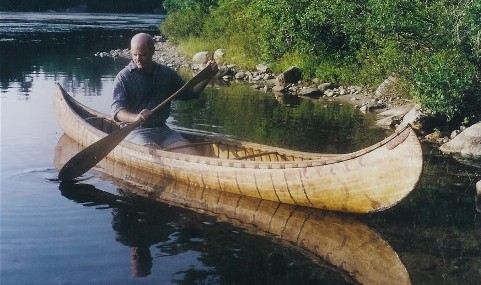 14 foot Abnaki birch bark canoe built in the style of a rare old bark canoe found in the Lake Memphramagog  area of Quebec