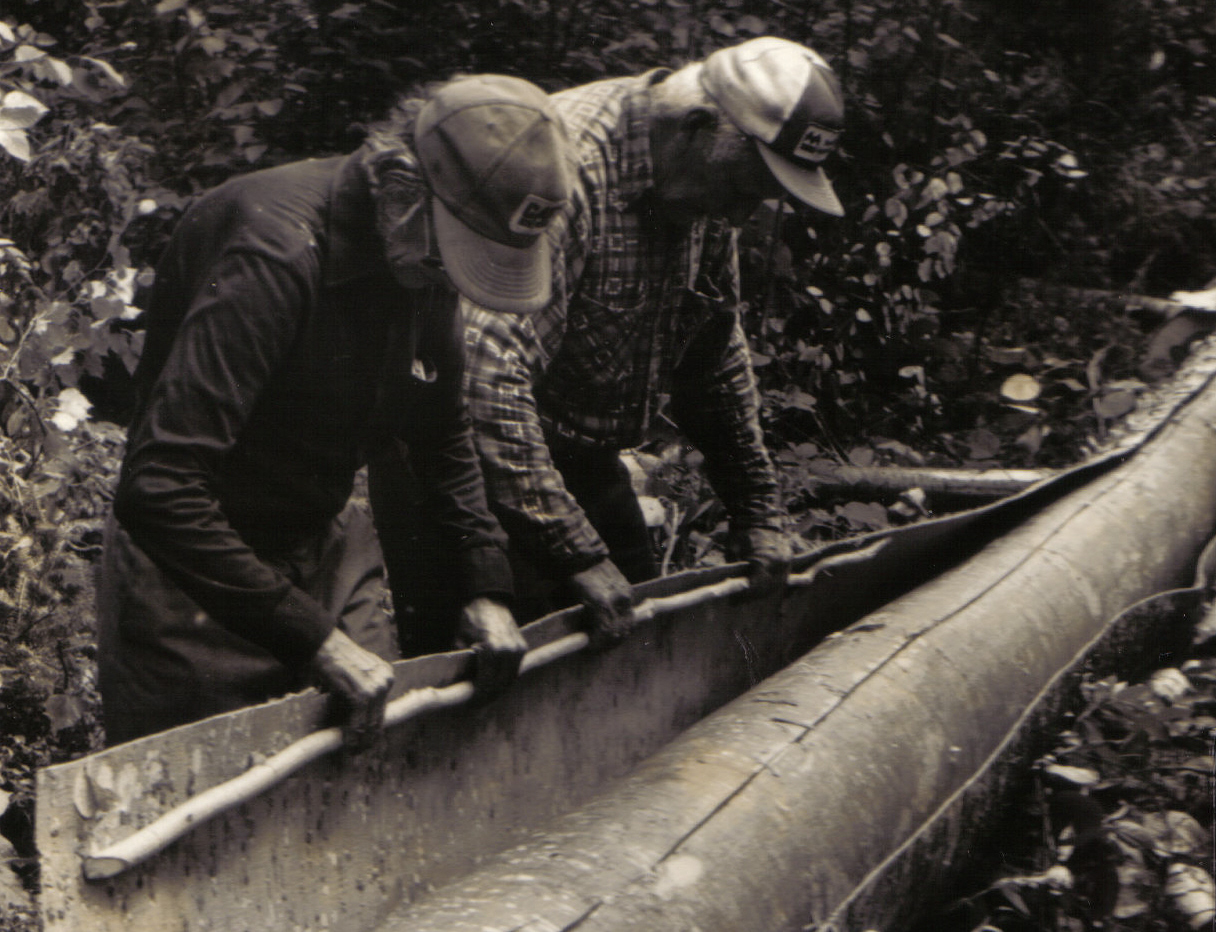 and Basil Smith peeling birch bark for a new canoe ; from "'Building 