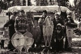 Mistassini Cree family in front of their winter hunting camp with ''beavertail '' and ''pointed -toe'' snowshoes. photo- Henri Vaillancourt 1979 